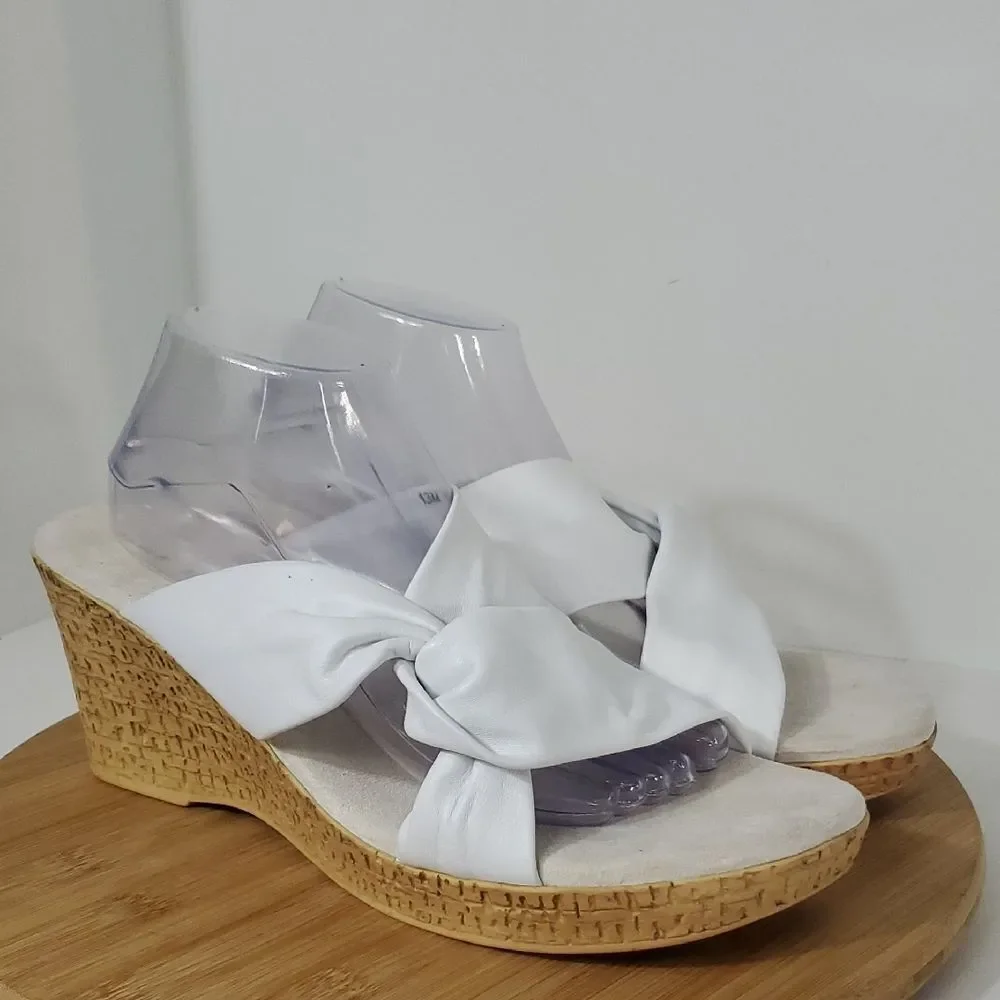 David Tate Loop Slide Sandals White Leather Slip On Wedge Women's Size 13